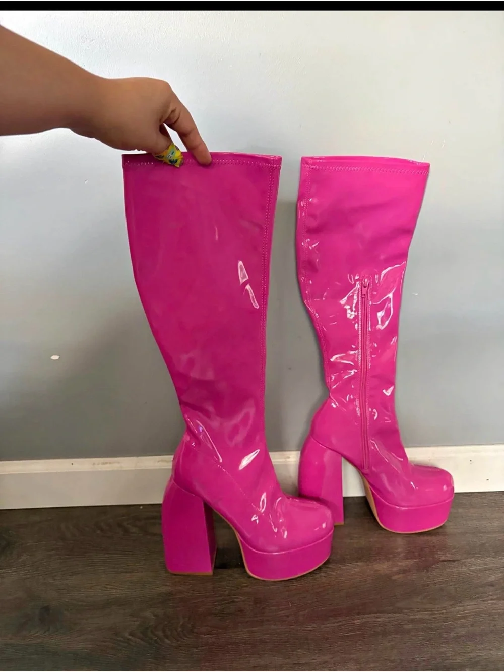 Patent Over-the-Knee Platform Boots in Hot Pink